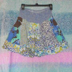 Cute Patchwork Full Circle Mini Flare Skirt M L 10 12 Blue Smocked Pixie Floral